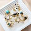 304 Stainless Steel 18K Gold Plated Vintage Style Inlay Sun Oval Eye Natural Stone Open Rings