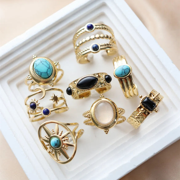 304 Stainless Steel 18K Gold Plated Vintage Style Inlay Sun Oval Eye Natural Stone Open Rings
