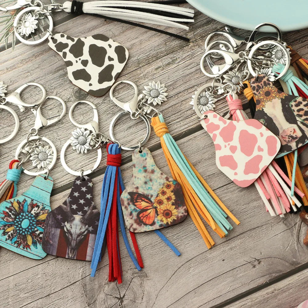 Vintage Style Tassel Cattle Flower Wood Unisex Bag Pendant Keychain