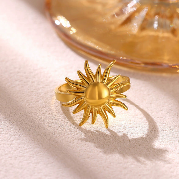 Vintage Sunflower Open Ring For Women Goldplated Titanium Steel Jewelry With Adjustable Design And Vacuum Electroplated Finish