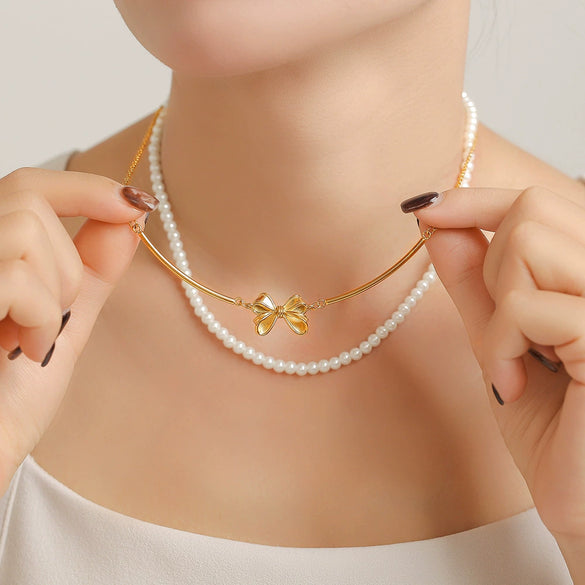 Vintage Sweet Princess Bow Necklace And Earrings Set With Shell Beads Clackbone Chain Titanium Steel Gold Plated Electroplating