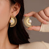 Vintage Titanium Steel And Stainless Steel Fanshaped Striped Pearl Earrings For Women With Electroplating