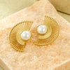 Vintage Titanium Steel And Stainless Steel Fanshaped Striped Pearl Earrings For Women With Electroplating
