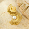 Vintage Titanium Steel And Stainless Steel Fanshaped Striped Pearl Earrings For Women With Electroplating