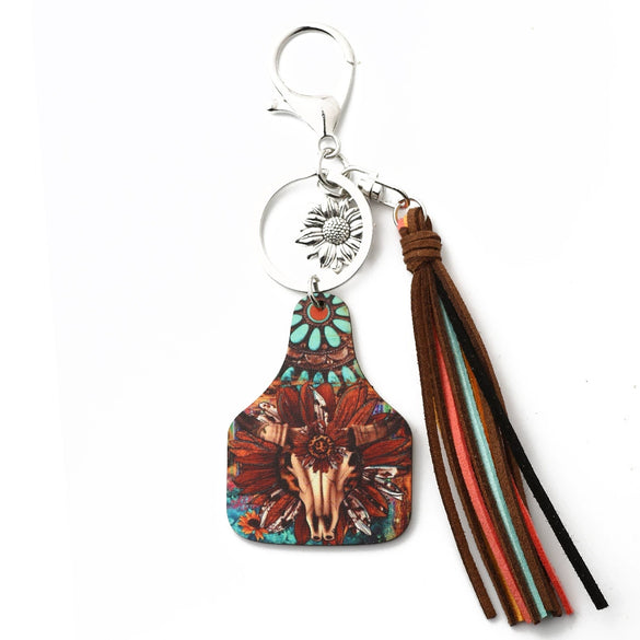 Vintage Western Cowboy Style Wood Cattle Scalp Tassel Sunflower Cow Brand Keychain Pendant