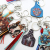 Vintage Western Cowboy Style Wood Cattle Scalp Tassel Sunflower Cow Brand Keychain Pendant