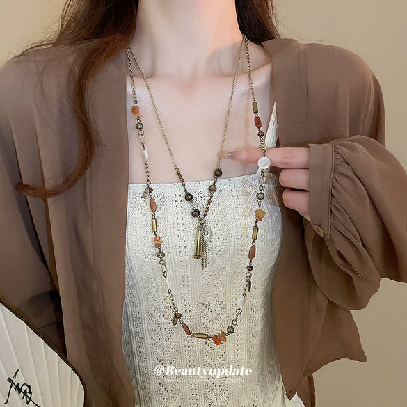 Vintage Women's Coin Tassel Beaded Necklace With Artificial Crystal And Geometric Pattern Long Woolen Chain Set With Crystal