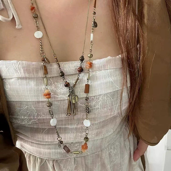 Vintage Women's Coin Tassel Beaded Necklace With Artificial Crystal And Geometric Pattern Long Woolen Chain Set With Crystal