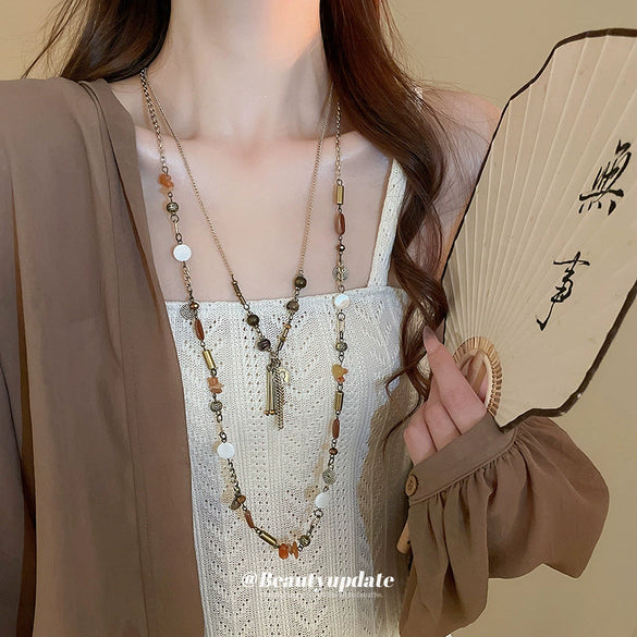 Vintage Women's Coin Tassel Beaded Necklace With Artificial Crystal And Geometric Pattern Long Woolen Chain Set With Crystal