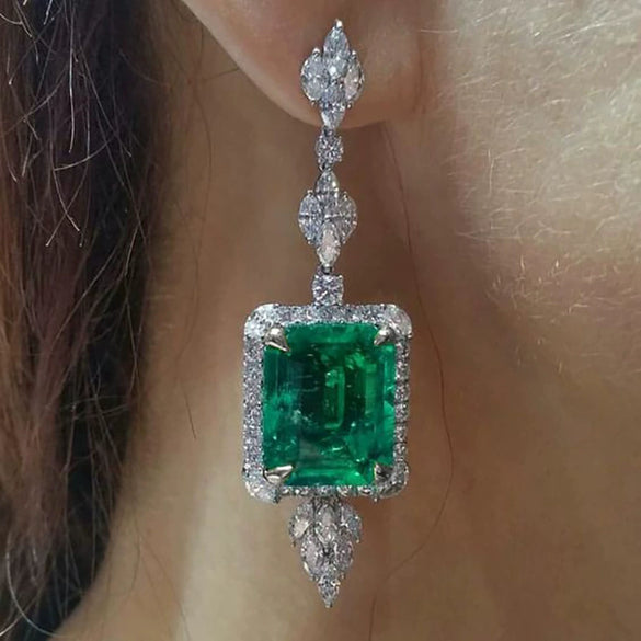 Vintage Women's Copper Earrings With Emerald Pendant And Flower Pattern And Square Shape