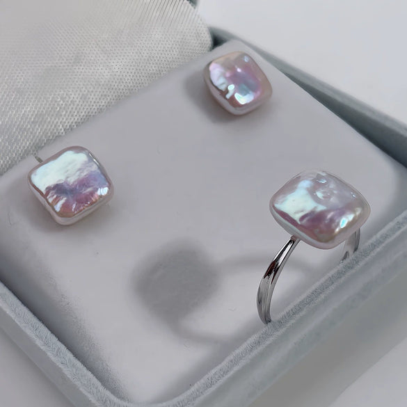 Vintage Women's Jewelry Set With 925 Sterling Silver Sugar Cube Earrings And Open Ring