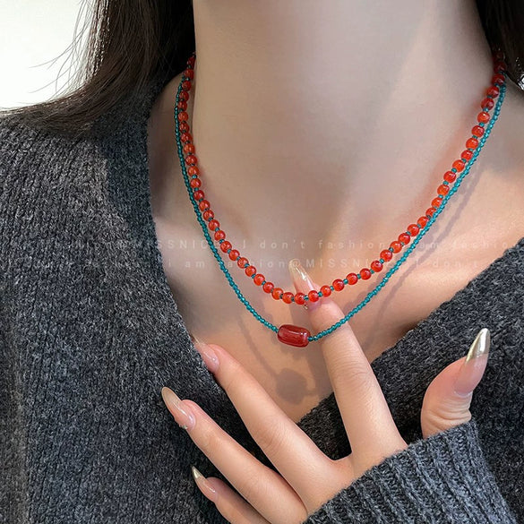 Vintage Women's Mixed Materials Crystal Beaded Necklace With Geometric Pattern And Polish Design