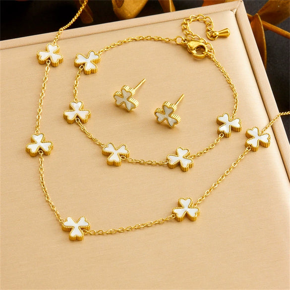 Vintage Women's Stainless Steel Jewelry Set With Shellfish And Threepetal Flower Design Electroplated Accessories Chain Necklace Earrings Bracelet