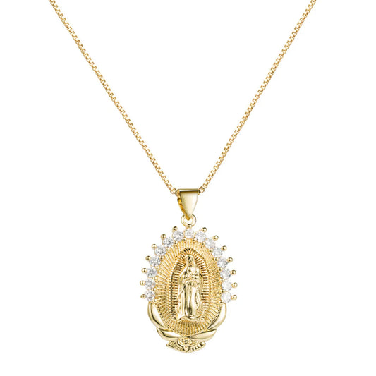 Virgin Mary Halo Pendant Copper Inlaid Zircon Necklace