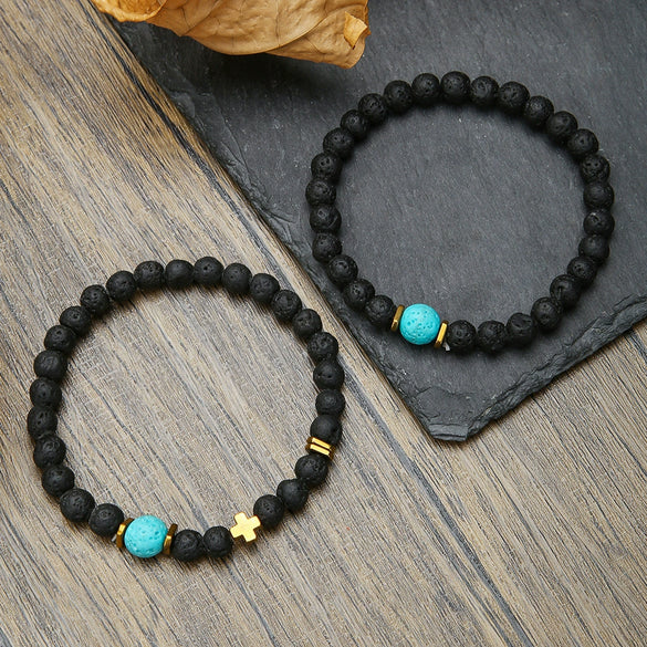 Volcanic Stone Geometric Style Handmade Elastic Cross Bracelet Unisex