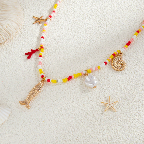 Waist Chain Metal Starfish Shell Fish Tail Minimalist Beaded Elastic Waist Jewelry