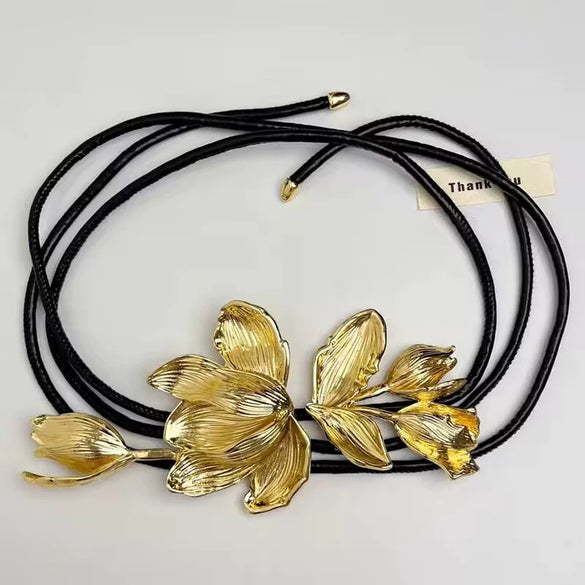 Waist Chain Retro Elegant Tulip Large Flower Style Black Leather Rope Metal Decorative For Female