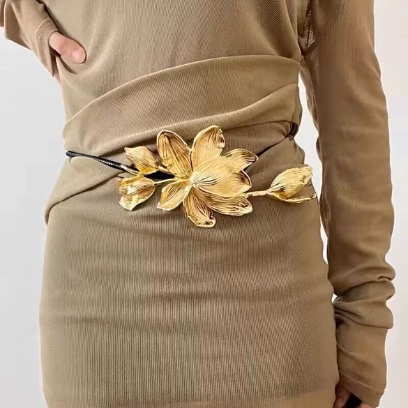 Waist Chain Retro Elegant Tulip Large Flower Style Black Leather Rope Metal Decorative For Female