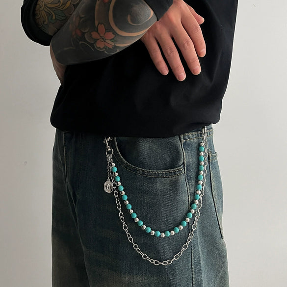 Waist Chain Turquoise Beaded Purely Handmade Denim Style Metal Cowboy Pattern For Men