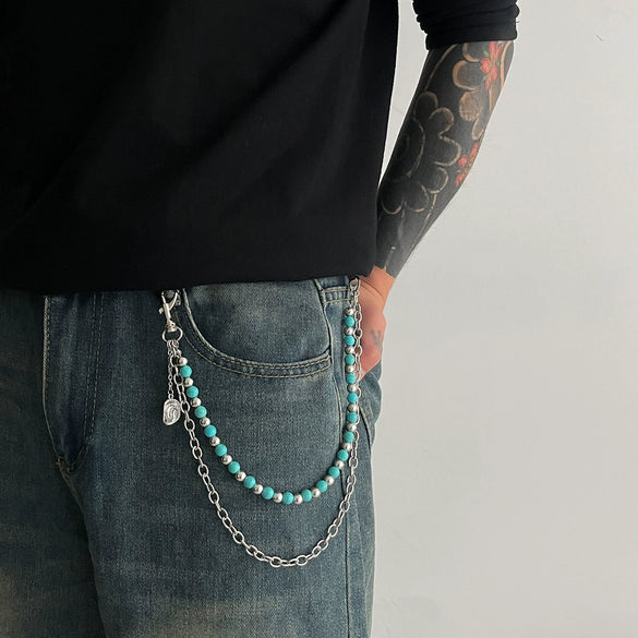 Waist Chain Turquoise Beaded Purely Handmade Denim Style Metal Cowboy Pattern For Men