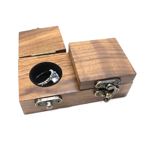 Walnut Wooden Double Lid Ring Gift Box With Horn Lock Jewelry Storage Box For Diamond Ring Display