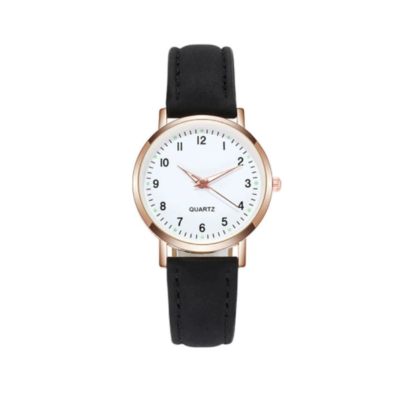 Watch Alloy Case Frosted Leather Strap Rose Gold Pin Buckle Round Dial Quartz