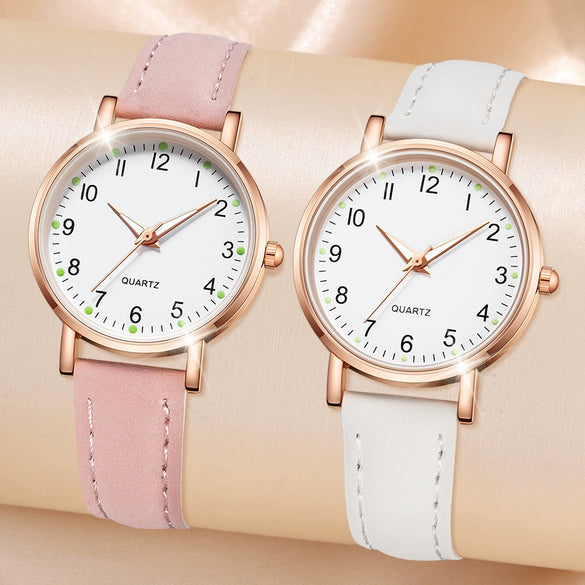 Watch Alloy Case Frosted Leather Strap Rose Gold Pin Buckle Round Dial Quartz
