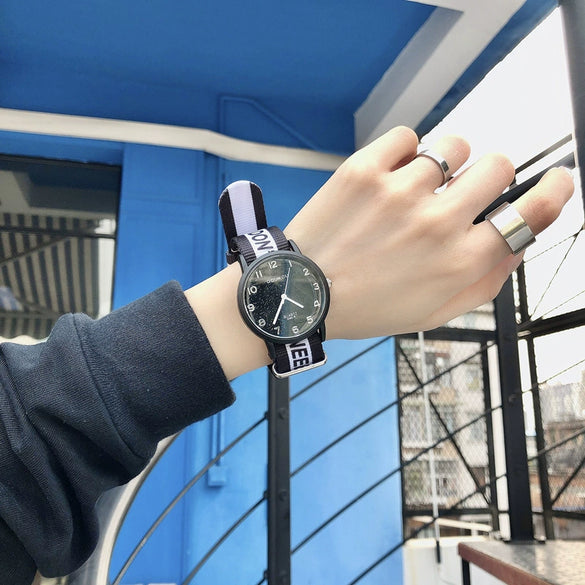 Watch Alloy Case Stainless Steel Clasp Textile Strap Round Dial Leisure Style