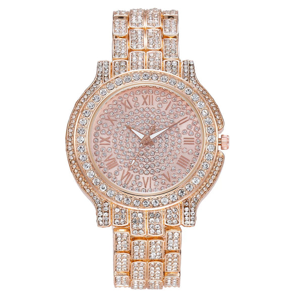Watch Alloy Stainless Steel Band Round Ordinary Glass Mirror Leisure Starry Rhinestone Roman Numeral Quartz