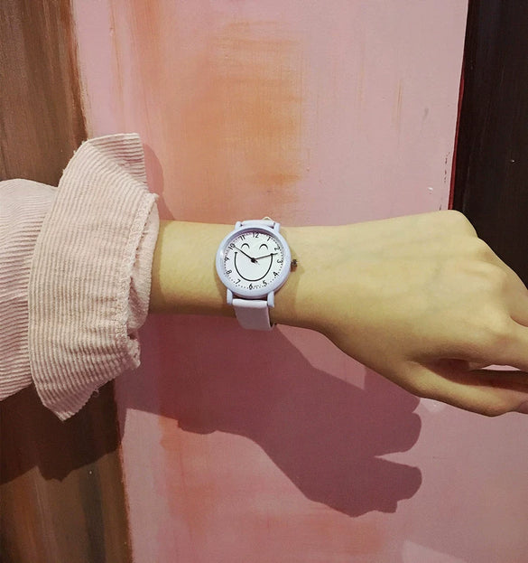 Watch Belt Alloy Case Imitation Leather Strap Cartoon Smiley Face Style For Women