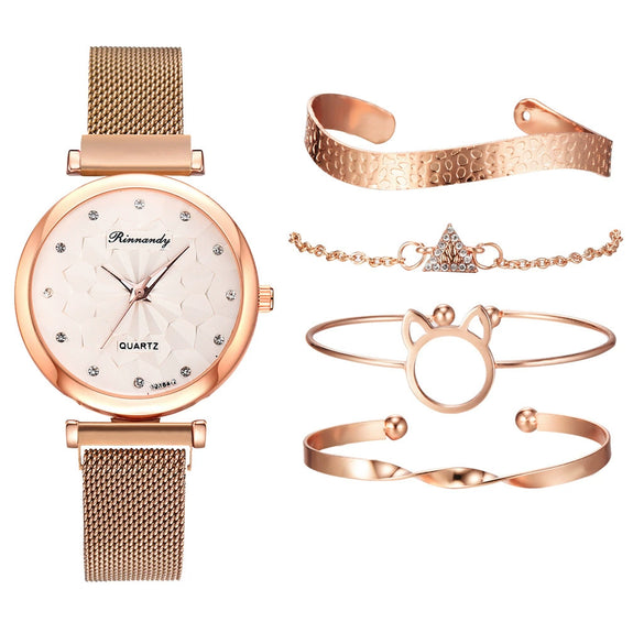 Watch Bracelet Fashion Cat Ear Flower Magnet Buckle Milan Mesh Stainless Steel Alloy Band For Female