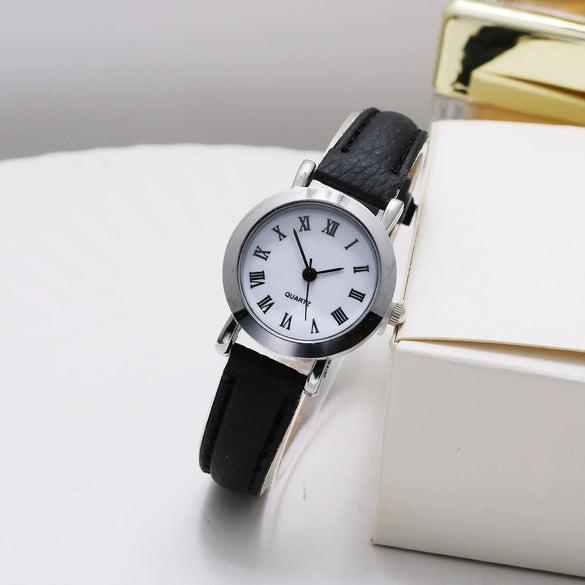 Watch Female Simple Vintage Artistic Thin Band Round Dial Quartz Alloy Pu Stainless Steel