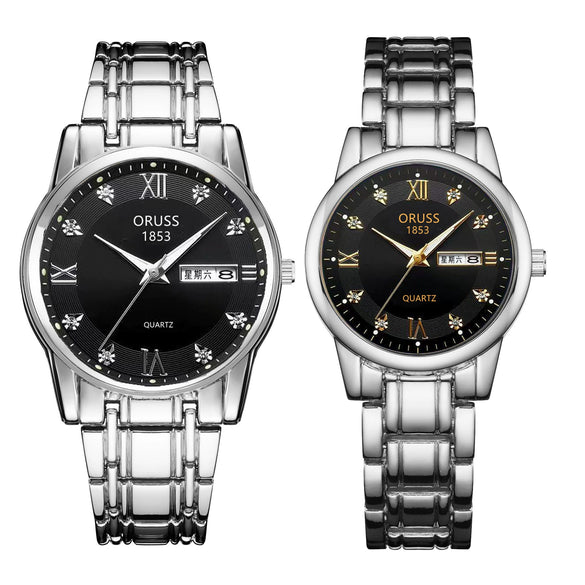 Watch Metal Round Case Fine Steel Strap Stainless Steel Buckle Simple Style Waterproof Luminous Calendar Quartz Couple's