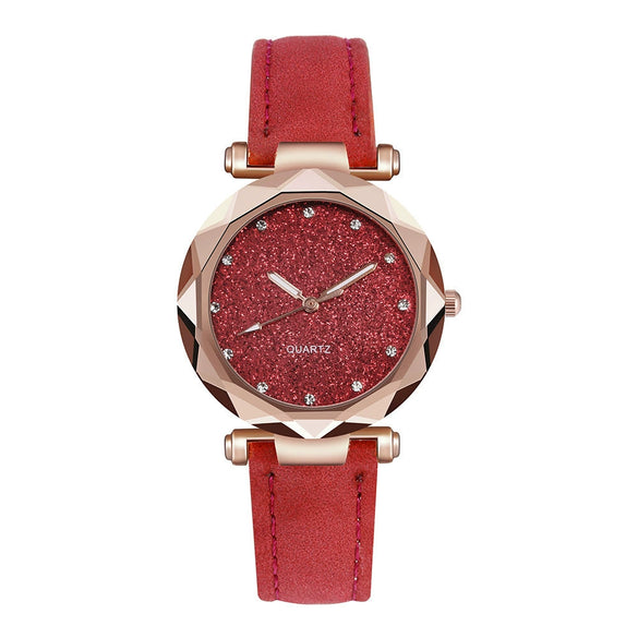 Watch Silver Pink Rhinestone Round Dial Plastic Case Imitation Leather Strap Women's Casual
