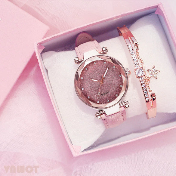 Watch Silver Pink Rhinestone Round Dial Plastic Case Imitation Leather Strap Women's Casual