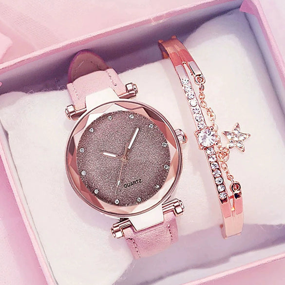 Watch Silver Pink Rhinestone Round Dial Plastic Case Imitation Leather Strap Women's Casual