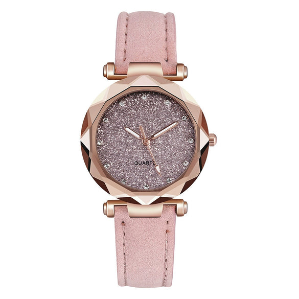 Watch Silver Pink Rhinestone Round Dial Plastic Case Imitation Leather Strap Women's Casual