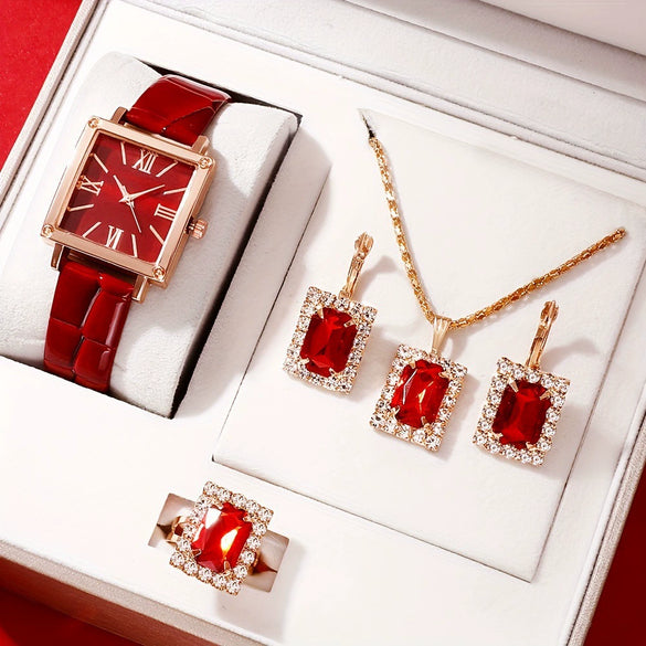 Watch Square Slub Pattern Women's Plastic Case Imitation Leather Strap Stainless Steel Buckle Quartz Watch