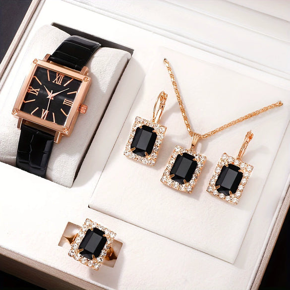 Watch Square Slub Pattern Women's Plastic Case Imitation Leather Strap Stainless Steel Buckle Quartz Watch