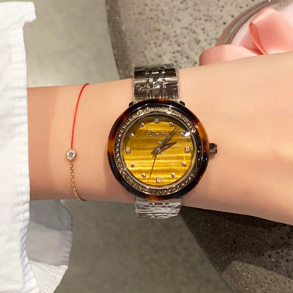 Watch Tiger Eye Stone Gem Fashion Glasses Rubber Ring Hawksbill Pattern Alloy Rose Gold Round