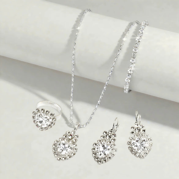 Water Drop Jewelry Set Necklace Earrings Bracelet Ring With Diamond Pendant