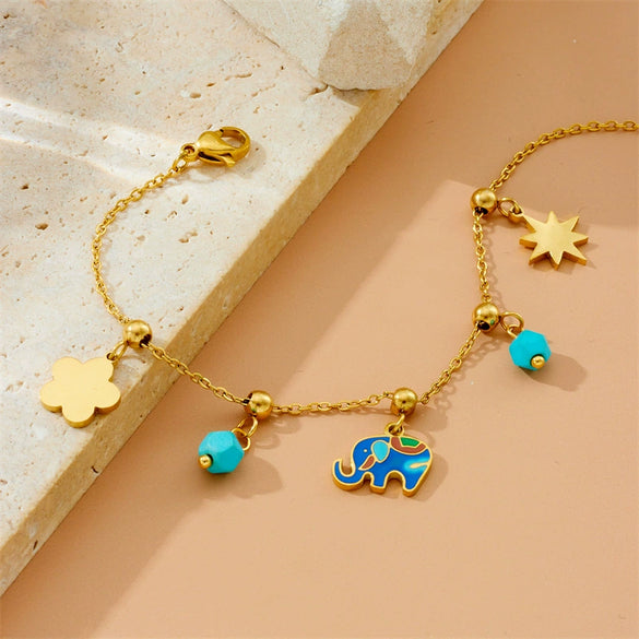 Water Drop Turquoise Elephant Pendant Stainless Steel Women's Vacuum Plated Fashion Animal Design Bracelet