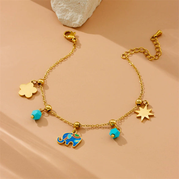 Water Drop Turquoise Elephant Pendant Stainless Steel Women's Vacuum Plated Fashion Animal Design Bracelet