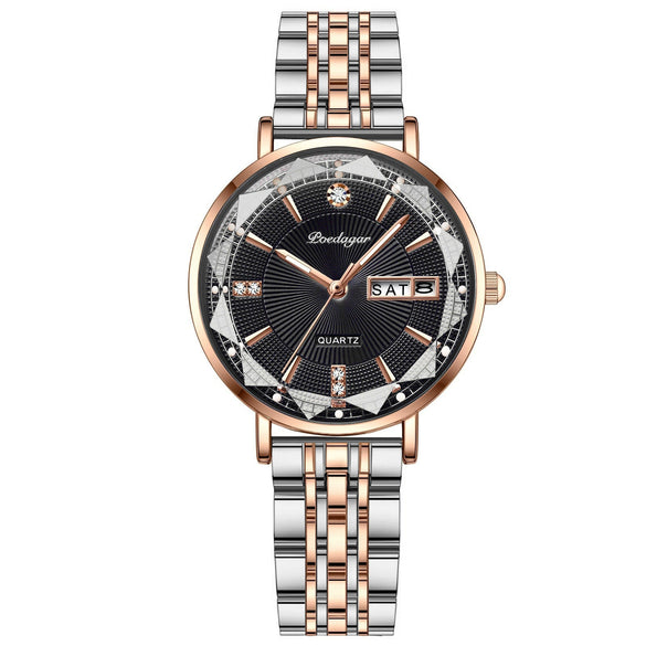 Waterproof Luminous Women's Alloy And Stainless Steel Casual Quartz Watch With Dual Calendar And Round Dial
