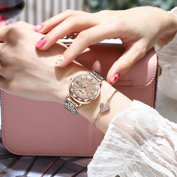 Waterproof Luminous Women's Alloy And Stainless Steel Casual Quartz Watch With Dual Calendar And Round Dial