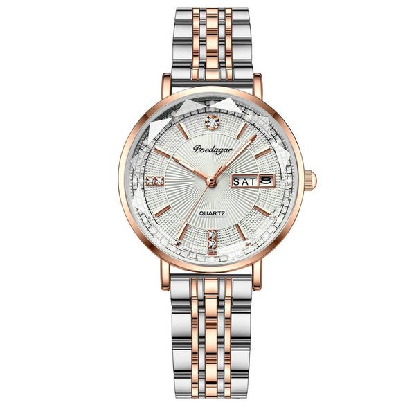 Waterproof Luminous Women's Alloy And Stainless Steel Casual Quartz Watch With Dual Calendar And Round Dial