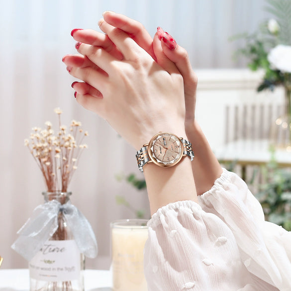 Waterproof Luminous Women's Alloy And Stainless Steel Casual Quartz Watch With Dual Calendar And Round Dial