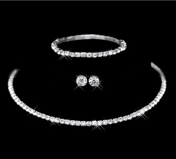 Wedding Accessories Neck Necklace Jewelry Set Silverplated Women's Collar Earrings Elastic Bracelet Threepiece Set