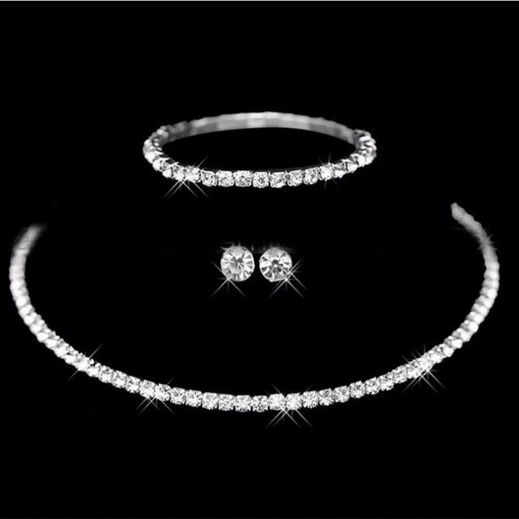 Wedding Accessories Neck Necklace Jewelry Set Silverplated Women's Collar Earrings Elastic Bracelet Threepiece Set