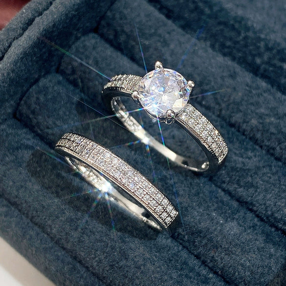 Wedding Ring Couple Style Copper Inlaid Zircon Geometric Design